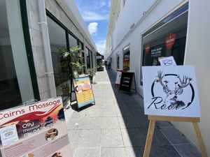 The restaurant’s alleyway and signage at Root Vegetarian in Cairns