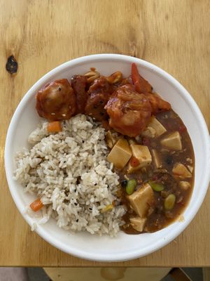 Fried veggie rice with Mapo Tofu and Sweet and Sour “chicken" at Root Vegetarian in Cairns