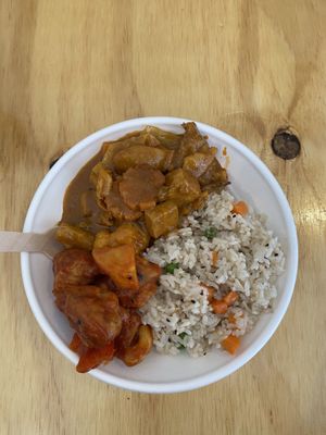 Fried veggie rice with Curry Tofu and Sweet and Sour “chicken" at Root Vegetarian in Cairns