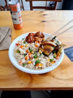Rainbow Fried Rice, Sweet and Sour 'Chicken', and Smokey Chicken. Yum! at Root Vegetarian in Cairns