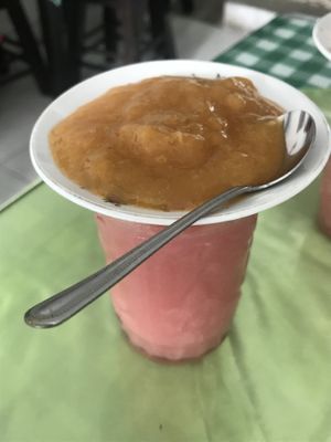 A juice and a small tasty desert that came with meal of the day   at Restaurante Vegetariano in Santa Rosa De Cabal