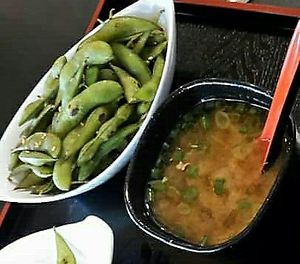 Miso soup and edamame beans at Soban House in Warwick