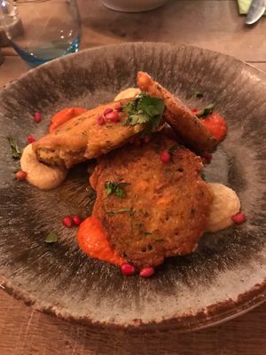 Courgette and sweetcorn fritters main course £16.95

 at Ego Mediterranean in Kenilworth