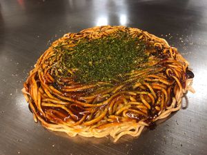 Hiroshima style Okonomiyaki（No meat，No egg，No fish） at Kasanegasane in Hiroshima