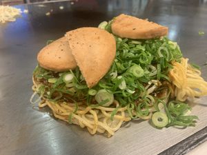Okonomiyaki with soy ham  at Kasanegasane in Hiroshima