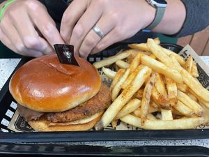 Vegan burger at Bumbling Bee Vegan Junk Food in Boulder