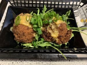 Mac and cheese balls. Interior was awesome - so creamy and tasty. The breading and fried exterior was just way too heavy/rich at Bumbling Bee Vegan Junk Food in Boulder