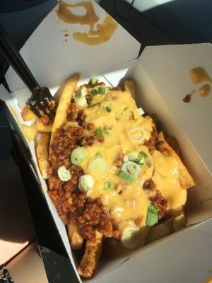 Chili cheese fries at Bumbling Bee Vegan Junk Food in Boulder