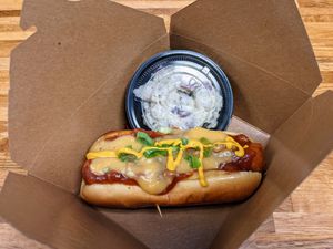 Hot dog and potato salad. at Bumbling Bee Vegan Junk Food in Boulder