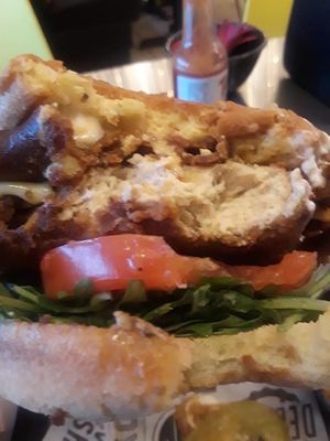 Southern fried chickun sandwich!!  at Bumbling Bee Vegan Junk Food in Boulder