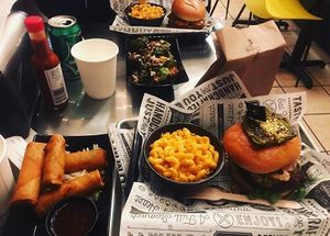 Lumpia, Bangin’ Brussels, Burgers & Mac  at Bumbling Bee Vegan Junk Food in Boulder
