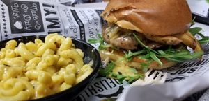 Holt Shiitake with Mac & cheese at Bumbling Bee Vegan Junk Food in Boulder