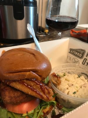Potato salad and Boss BBQ Bakun takeout  at Bumbling Bee Vegan Junk Food in Boulder
