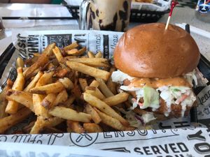 Mother clucker and fries  at Bumbling Bee Vegan Junk Food in Boulder