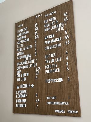 Coffee menu. at Coffee And Plants in Pasadena