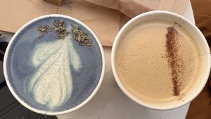 Blue lavender latte and chagaccino  at Coffee And Plants in Pasadena