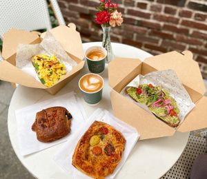 Mushroom and provolone croissant (my favorite!), Just Egg toast, avocado toast, and tomato basil tart   at Coffee And Plants in Pasadena