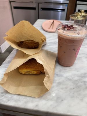 Cookie and mushroom danish and rose iced latte  at Coffee And Plants in Pasadena