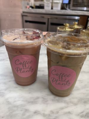 Iced chai latte and rose iced latte  at Coffee And Plants in Pasadena