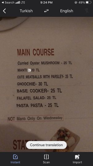 Roughly translated menu at Cute Gastro Pub in Izmir