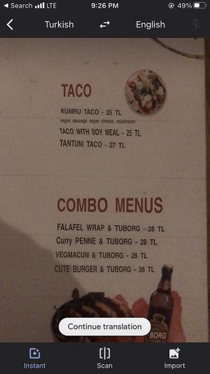 Roughly translated menu at Cute Gastro Pub in Izmir