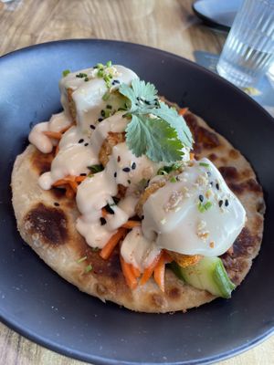 Shallot Pancake with szechuan tofu - sesame mayo tastes eggy 🤔  at The Dragon's Den in Forster