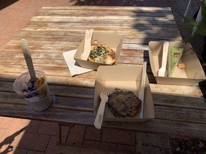 Chia pudding, Spanakopita, sweet potato pattie and matcha cheesecake   at All Things Yum in Forster