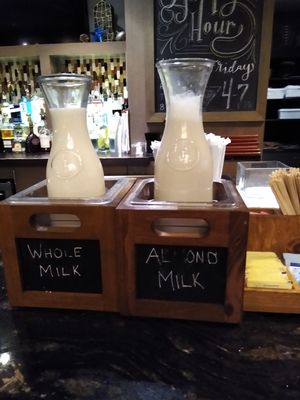 The almond milk always has the darker color. I think they were in the wrong place one day of our stay. at Bistro 72 in Riverhead