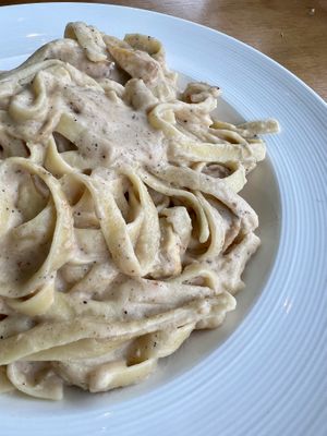 Vegan “chicken” fettuccini Alfredo with cashew based sauce  at Paliottis Westside in Maple Ridge