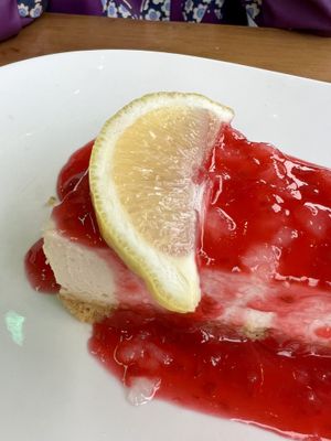 Vegan raspberry Lemon “cheese” cake   at Paliottis Westside in Maple Ridge