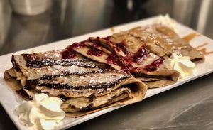 Vegan crepes served on Saturdays & Sundays from 11:30 A.M. - 2:30 P.M.. With all homemade sauces including sweet peanut butter , Nutella , savoury cashew cheddar & more  at Paliottis Westside in Maple Ridge