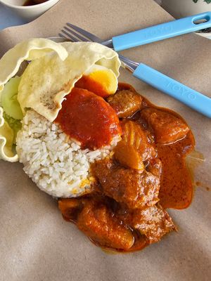 Rending Mutton Nasi Lemak from Fat Boy Vegetarian stall. at Restoran Greenhouse Garden 蔬境缘 in Johor Bahru