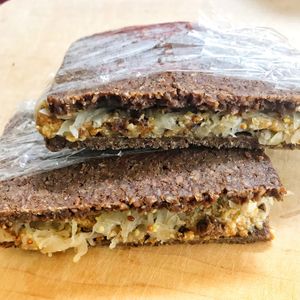 Rye sandwich with veggie burger and sauerkraut at Fitness in Life in Tokyo