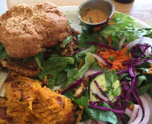 burger, sweet potato mash $ salad at Sluggo's North Vegetarian Cafe in Chattanooga