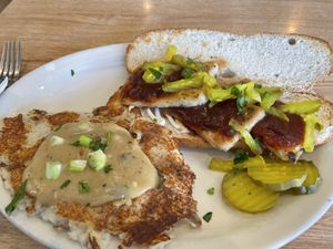 Tofu based bbq sandwich with a side of garlic mashed potatoes   at Sluggo's North Vegetarian Cafe in Chattanooga