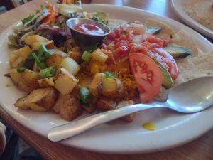 Migas (Baked tofu with queso and salsa, corn tortillas, tomato, and avocado) at Sluggo's North Vegetarian Cafe in Chattanooga