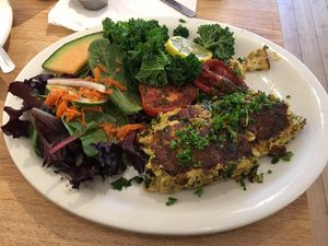 Mushroom, Yellow Pepper and Spinach Frittata served with Italian Herb Balsamic Roasted Roma Tomatoes, Citrus steamed fresh Kale and a Garden Salad. Not pictured - Coconut Pancakes with fresh strawberries and fruit.  at Sluggo's North Vegetarian Cafe in Chattanooga