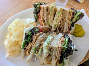 Deluxe club sandwich with chips at Sluggo's North Vegetarian Cafe in Chattanooga
