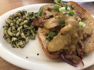 Philly seitan sub with pesto pasta salad at Sluggo's North Vegetarian Cafe in Chattanooga