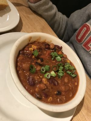 3 bean chili, came with a side of cornbread  at Sluggo's North Vegetarian Cafe in Chattanooga