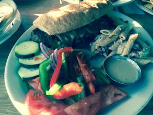 Berliner on wheat with salad and pasta. Yum!  at Sluggo's North Vegetarian Cafe in Chattanooga