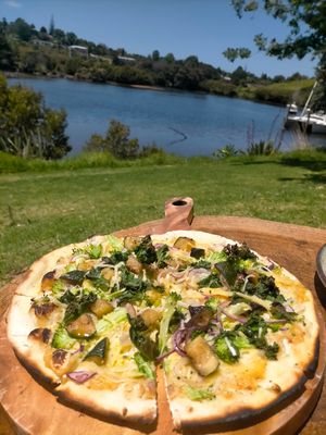 Brocolli, kale, red onion and vegan cheese at Plough & Feather in Kerikeri