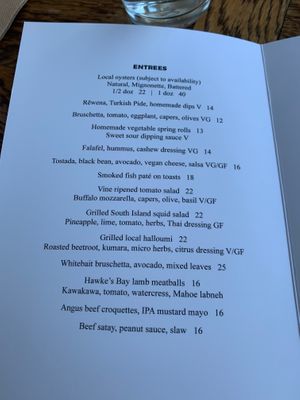 Starters menu  at Plough & Feather in Kerikeri