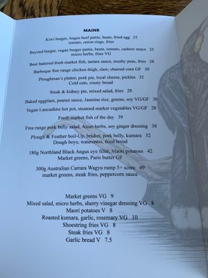 Mains menu  at Plough & Feather in Kerikeri