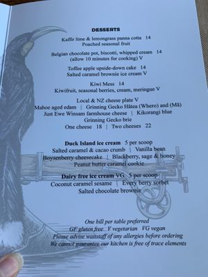 Dessert menu  at Plough & Feather in Kerikeri
