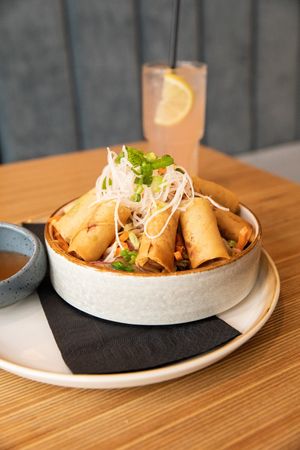 Vietnamese Salad With Vegetable Spring Rolls at Nooch - Asian Kitchen in Amsterdam
