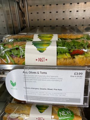 Avocado olives and tomato baguette at Pret A Manger in South Mimms
