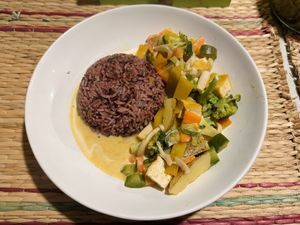 Vegan massaman curry with brown rice (80 THB)  at Khao Soi Jitlut in Pai