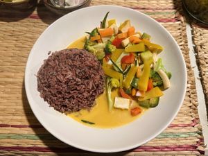 Vegan panang curry with brown rice (80 THB)  at Khao Soi Jitlut in Pai