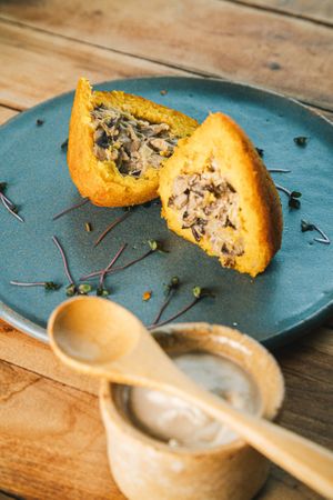 Mushroom coxinha at Mercado Vida Saudável in Fortaleza